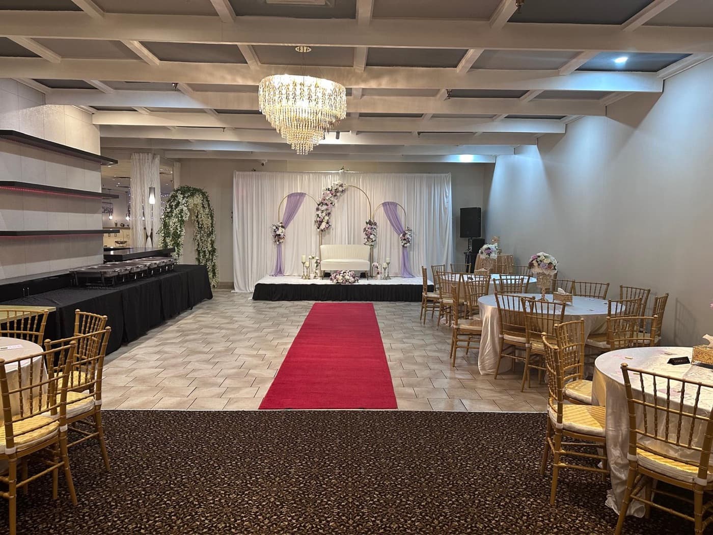 The hall set for a wedding reception
