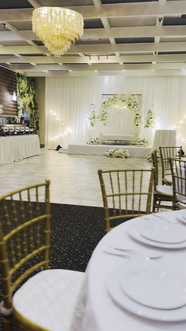 Looking across the room to the stage